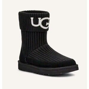 UGG Black Wool Classic Knit Embroidered Logo Side Zip Mid-Calf Winter Boots SZ 6